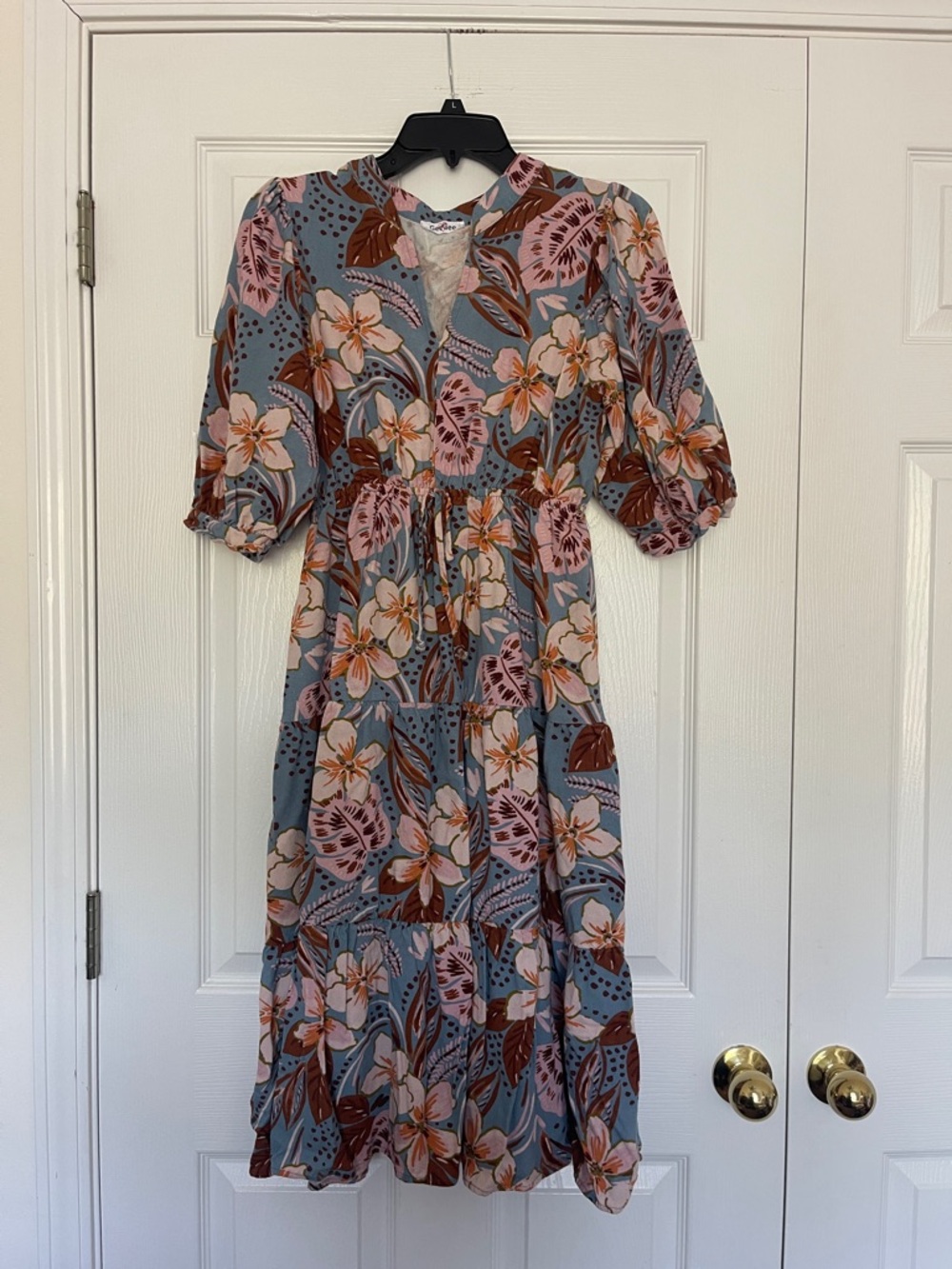 Floral V-Neck Tiered Midi Dress in Blue and Pink